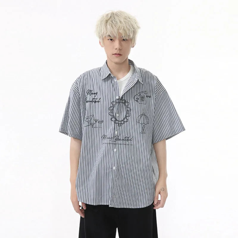 Men's Shirts Short Sleeve Design Korean Personalized Pattern Striped Turn-down Collar Stylish Male Loose Shirt 9W1594