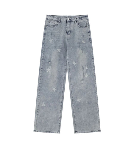 Men's Jeans Star Printing Design New American Style Straight Wide Leg Stylish Male Casual Summer Clothing 2025 9W1964