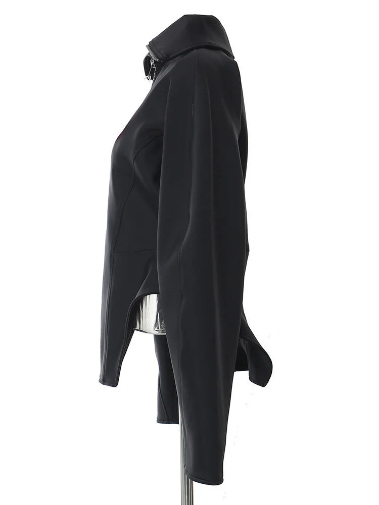 Black Zipper Irregular Shaped Casual Jacket New Lapel Long Sleeve Women Coat Fashion Tide Spring Autumn 2025 7AB4729