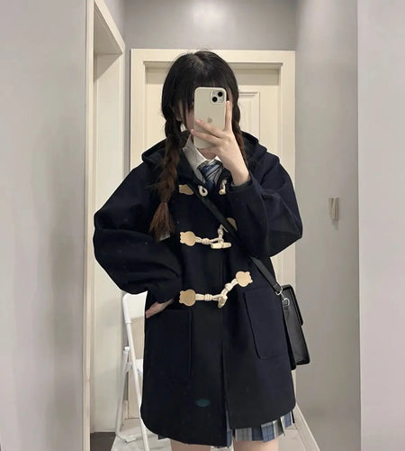 Preppy Style Wool Coat Women Japanese Blends 2024 Ropa Mujer Hooded Solid Color Oversized Outwear Casual Fashion Thick Jackets