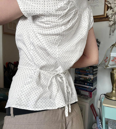 Fashion Polka Dot Printed Satin White Shirts Women Elegant Back Lace-Up Button-Fly Blouse Summer Short Sleeve Top New