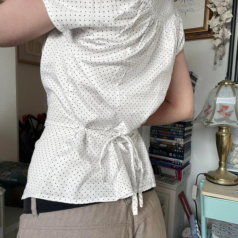 Fashion Polka Dot Printed Satin White Shirts Women Elegant Back Lace-Up Button-Fly Blouse Summer Short Sleeve Top New