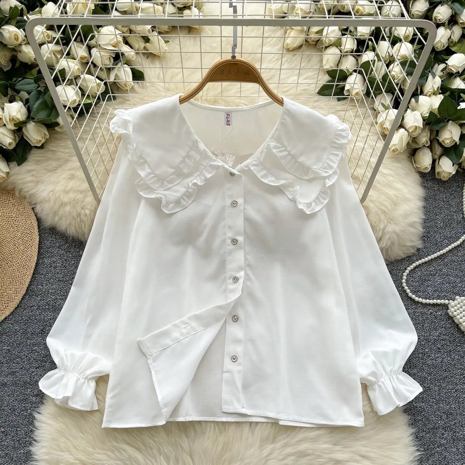 Autumn 2024 Vintage Women Sweet Solid Ruffles Shirts Fashion Ladies Long Sleeves Blouses Chic Single Breasted Tops Clothes Chic