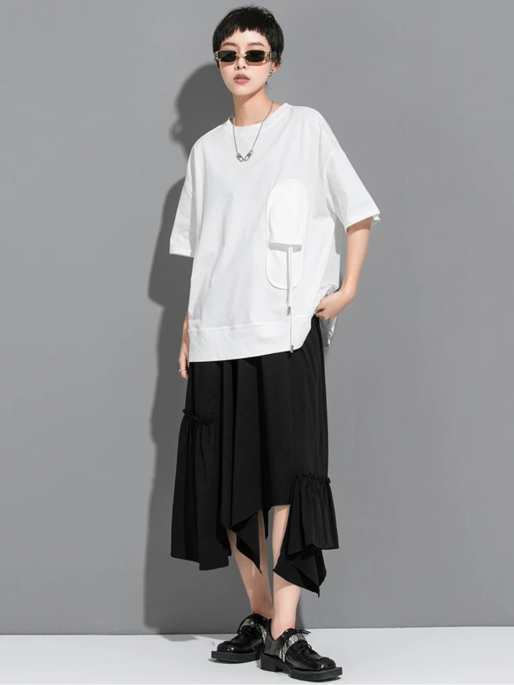 Women Black 3d Patch Spliced Big Size Casual T-shirt New Round Neck Short Sleeve Fashion Tide Spring Summer 2025  1DJ1777