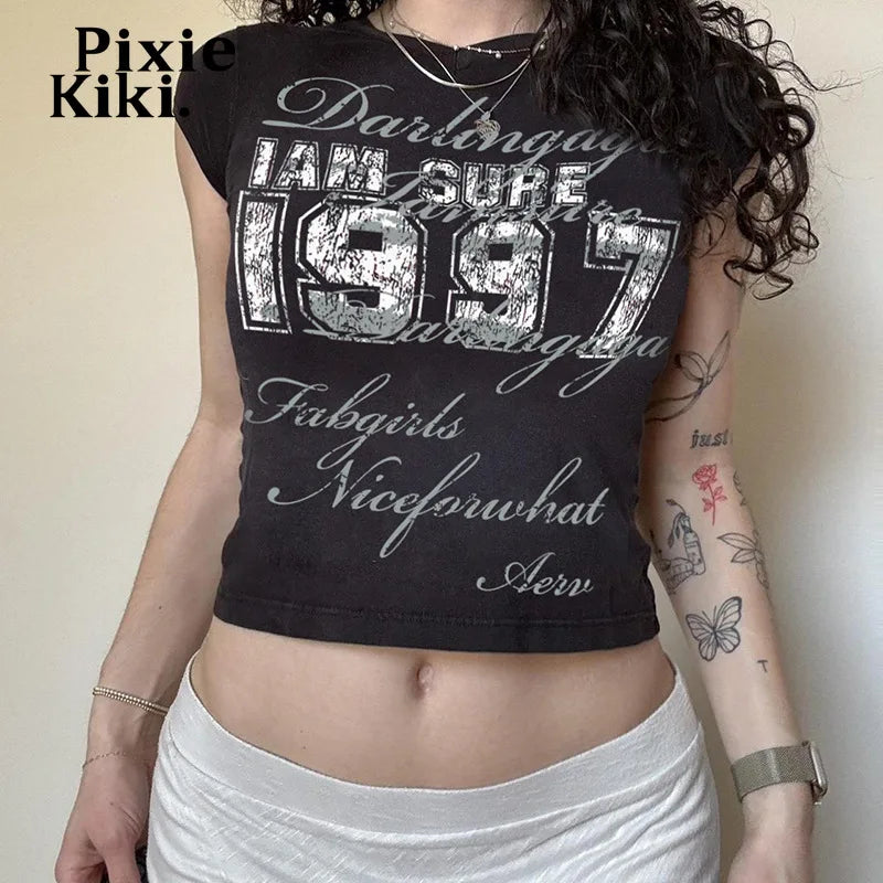 Letter Print Short Sleeve Bodycon Crop Tops Grunge Yk2 Clothes Graphic T Shirts Teenagers Retro Streetwear P67-BF15