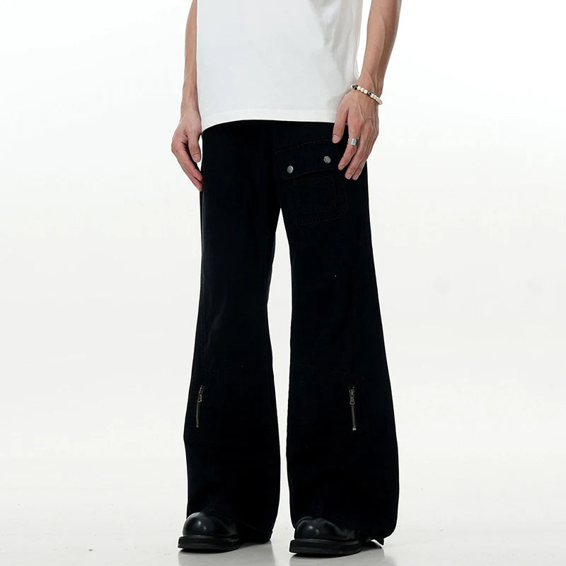 Men's Cargo Pants New American High Street Zipper Design Straight Wide Leg Solid Color Simple Male Trousers 2025 9W1954