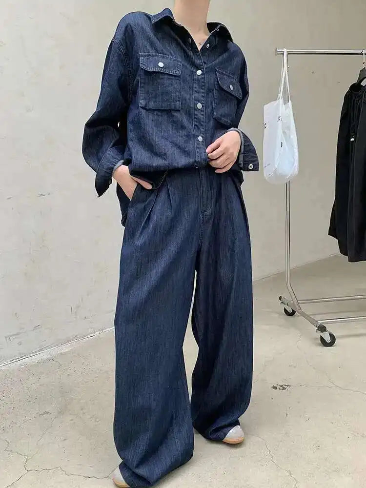 Women Blue Deniim Vintage Big Size Casual Blouse New Lapel Long Sleeve Shirt Fashion Tide Spring Autumn 2025 1DH8350