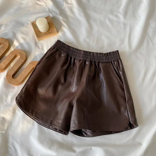 Load image into Gallery viewer, Korean Version Women Elastic High Waist New Black Pu Leather Short Pants Fashion Brown Wide Leg Shorts Autumn Winter Versatile
