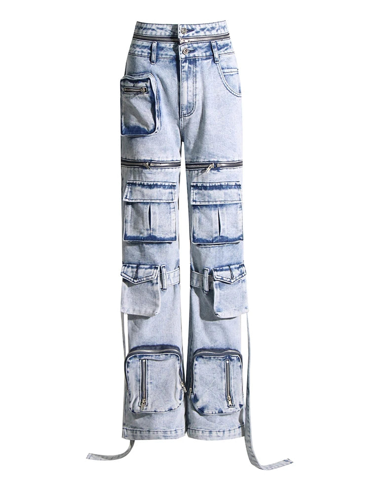 Spliced Zippers Hollow Out Jeans For Women Highe Waist Patchwork Pockets Denim Pants Female Fashion Clothing Style