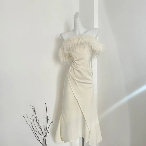 Load image into Gallery viewer, French Women's Beige Elegant Sexy Off Shoulder Pleated Long Dress Autumn New Sleeveless Hairy Neck Strapless Evening Party Dress
