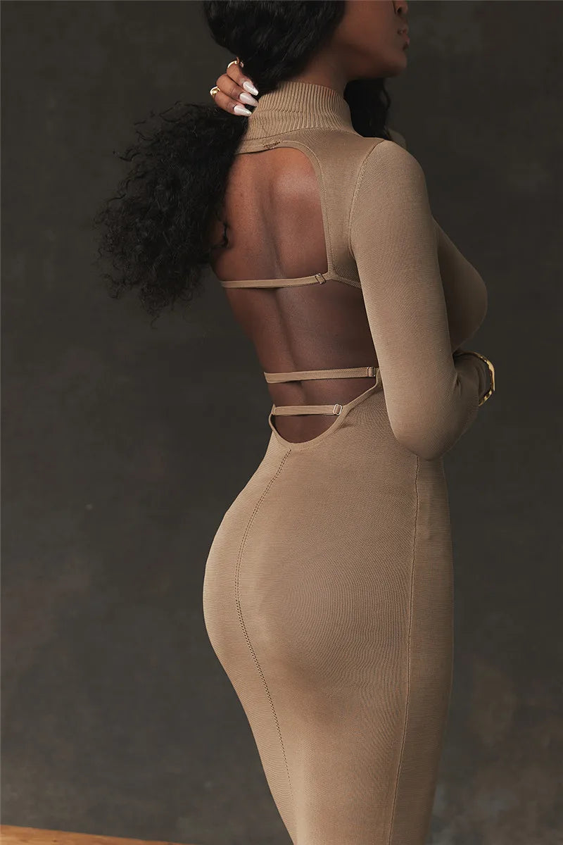 Turtleneck Backless Bodycon Midi Dress For Women New Autumn Winter Long Sleeve Club Party Sexy Long Dress Vestidos