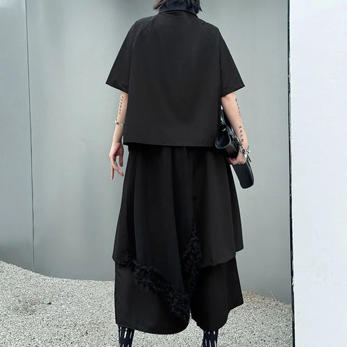 Load image into Gallery viewer, Big Size Black Irregular Shirt Mesh Pants Two Piece Suit New Lapel Short Sleeve Women Fashion Spring Summer 2025 1DJ1371
