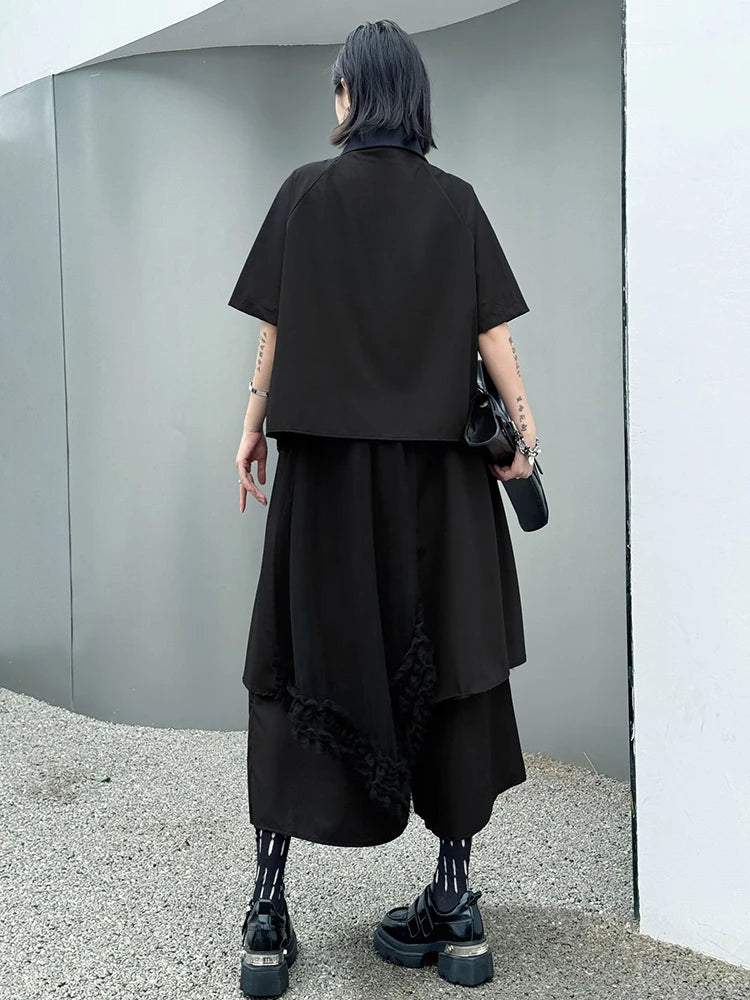 Big Size Black Irregular Shirt Mesh Pants Two Piece Suit New Lapel Short Sleeve Women Fashion Spring Summer 2025 1DJ1371