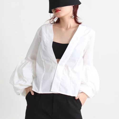 Load image into Gallery viewer, Solid Loose Shirts For Women Deep V Neck Lantern Sleeve Ruched Blouses Female Clothing Autumn Casual Fashion
