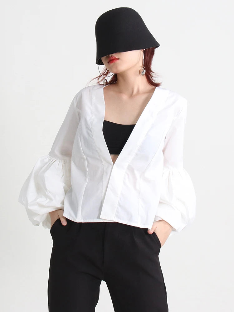 Solid Loose Shirts For Women Deep V Neck Lantern Sleeve Ruched Blouses Female Clothing Autumn Casual Fashion