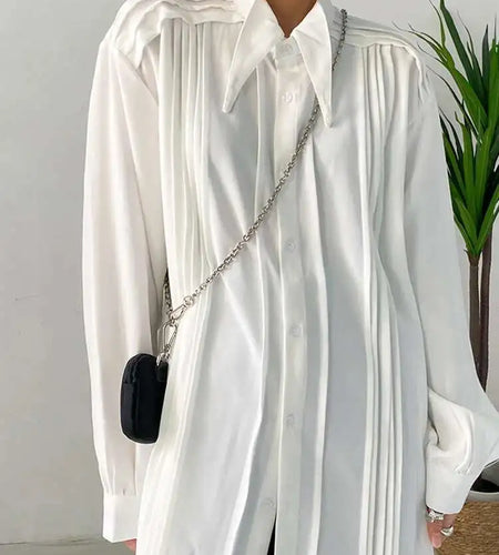 Women White Pleated Big Size Elegant Blouse New Lapel Long Sleeve Loose Fit Shirt Fashion Tide Spring Autumn 2025 1DF0359