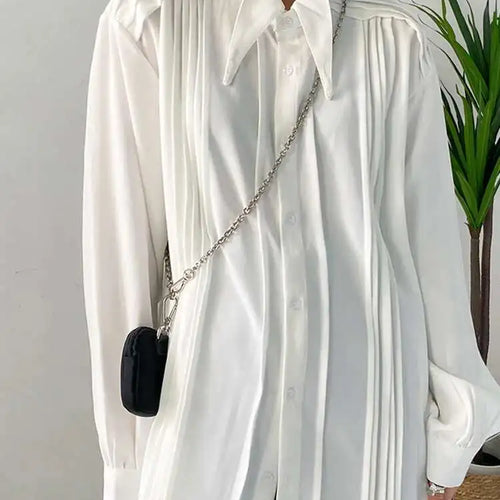 Load image into Gallery viewer, Women White Pleated Big Size Elegant Blouse New Lapel Long Sleeve Loose Fit Shirt Fashion Tide Spring Autumn 2025 1DF0359
