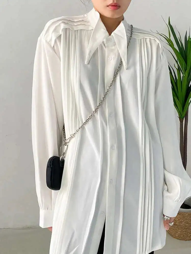Women White Pleated Big Size Elegant Blouse New Lapel Long Sleeve Loose Fit Shirt Fashion Tide Spring Autumn 2025 1DF0359