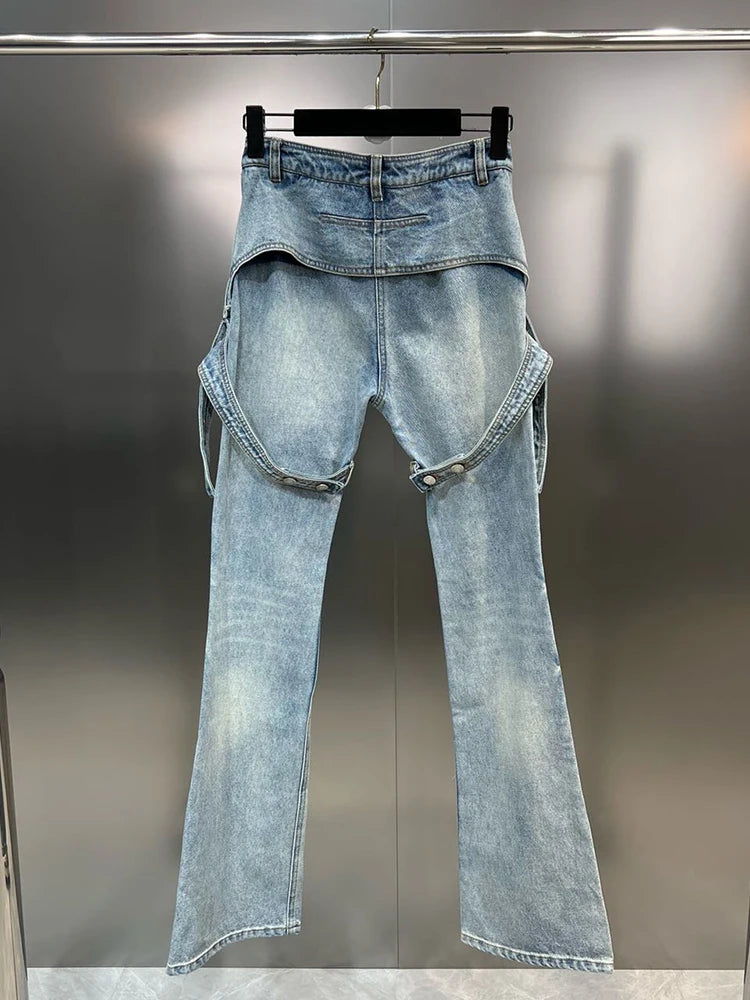 Patchwork Button Casual Slimming Denim Pants For Women High Waist Spliced Pockets Flare Jeans Female Fashion