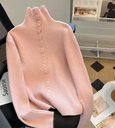 Women Beige Elegant Knitted Half High Neck Sweater Autumn Winter Pink Basic Slim Single Breasted Pullovers Tops Simplicity Retro