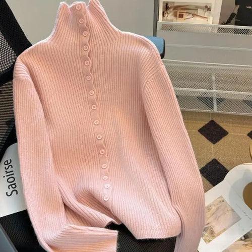 Load image into Gallery viewer, Women Beige Elegant Knitted Half High Neck Sweater Autumn Winter Pink Basic Slim Single Breasted Pullovers Tops Simplicity Retro
