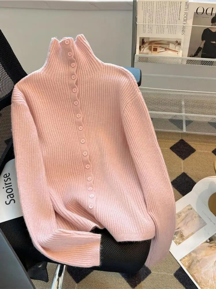 Women Beige Elegant Knitted Half High Neck Sweater Autumn Winter Pink Basic Slim Single Breasted Pullovers Tops Simplicity Retro