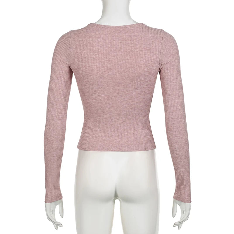 Sweet Pink Square Neck Slim Women Top Tee Basic Shirring Long Sleeve Korean Casual Spring Autumn T shirts All-Match