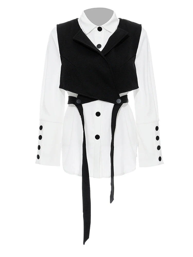 Women Black Bandage Vest Two Piece Blouse New Lapel Long Sleeve Loose Fit Shirt Fashion Tide Spring Autumn 2025 JR675