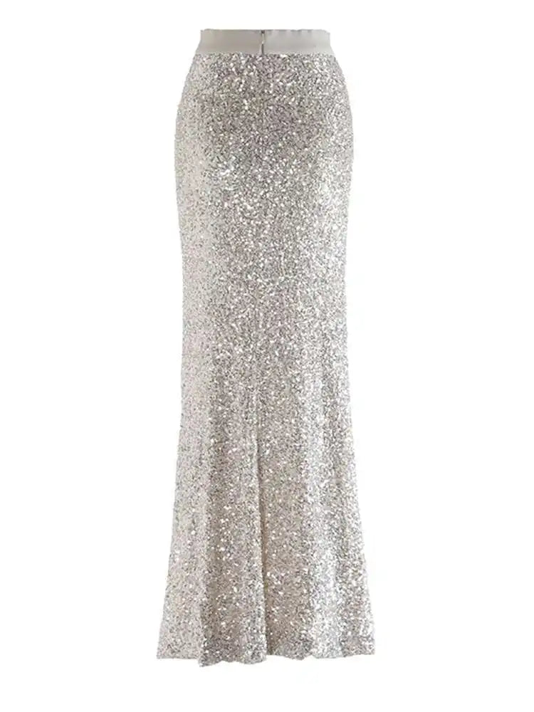 High Elastic Waist Khaki Sequins Elegant Long Party Half-body Skirt Women Fashion Tide New Spring Autumn 2025 1DH9406