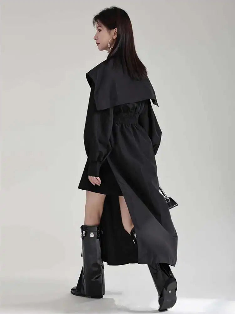 Women Black Irregular Shirt Dress New Lapel Lartern Long Sleeve Belt Waist Loose Fashion Tide Spring Autumn 2025 1DH2257