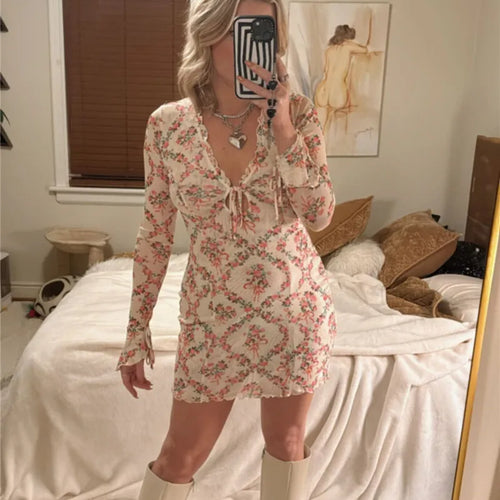 Load image into Gallery viewer, Deep V Neck Lace-up Print Sexy Mini Dress For Women Robe Elegant Long Sleeve High Waist Bodycon Floral Print Dress

