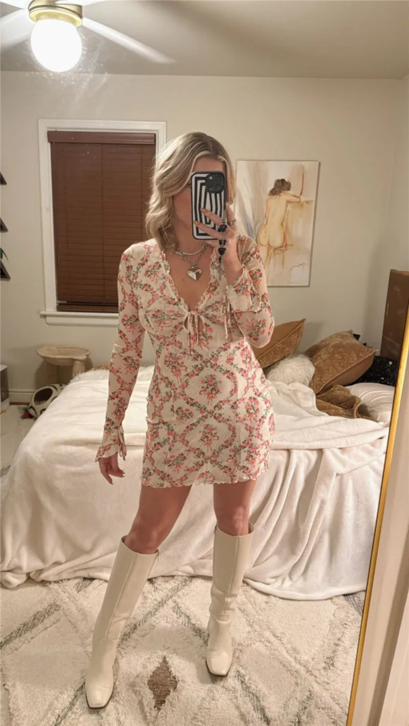 Deep V Neck Lace-up Print Sexy Mini Dress For Women Robe Elegant Long Sleeve High Waist Bodycon Floral Print Dress