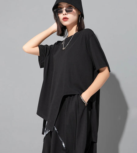 Women Black Irregular Hem Big Size Casual T-shirt New Round Neck Short Sleeve Fashion Tide Spring Summer 2025 1DJ1743