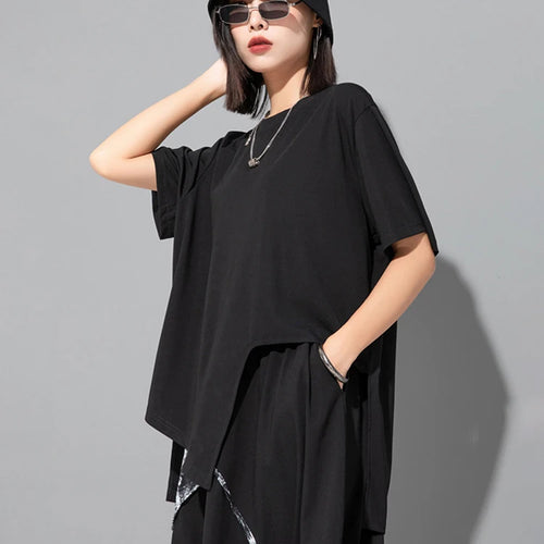 Load image into Gallery viewer, Women Black Irregular Hem Big Size Casual T-shirt New Round Neck Short Sleeve Fashion Tide Spring Summer 2025 1DJ1743
