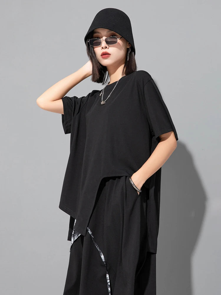 Women Black Irregular Hem Big Size Casual T-shirt New Round Neck Short Sleeve Fashion Tide Spring Summer 2025 1DJ1743