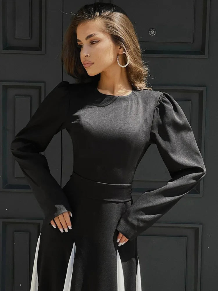 Patchwork Long Sleeve Maxi Dress For Women Autumn Winter New O Neck Color Contrast Lace-up Elegant Long Dress Fashion