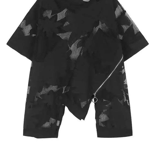 Load image into Gallery viewer, Women Embroidered Lace Zipper Irregular Big Size T-shirt New Round Neck Short Sleeve Fashion Spring Summer 2025 1DH6176
