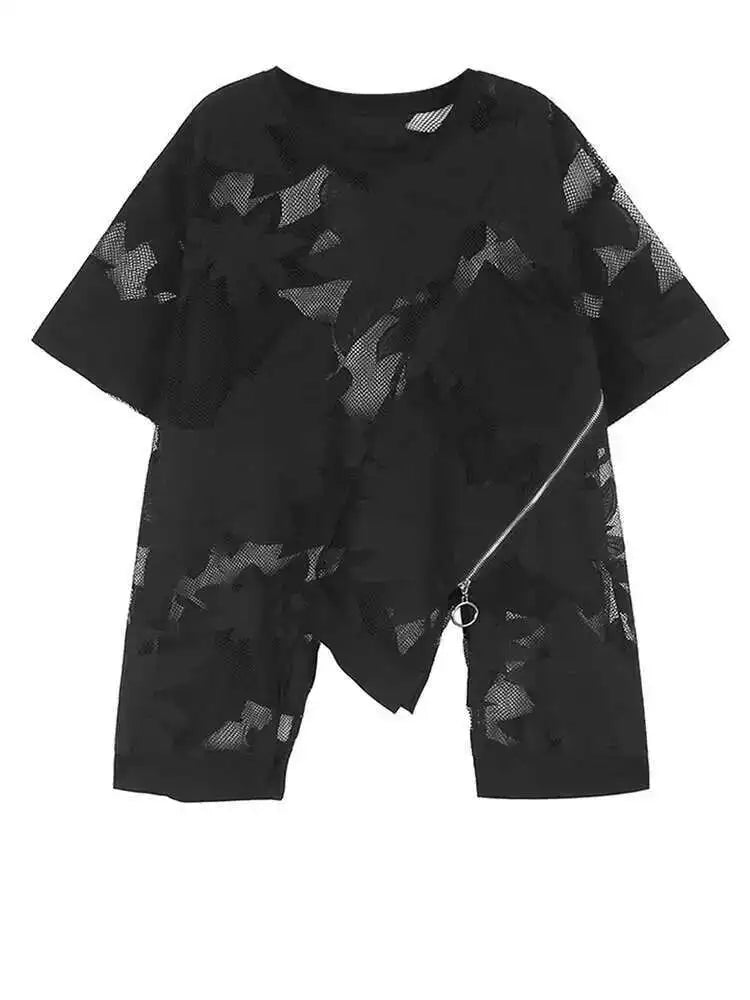 Women Embroidered Lace Zipper Irregular Big Size T-shirt New Round Neck Short Sleeve Fashion Spring Summer 2025 1DH6176