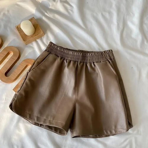 Load image into Gallery viewer, Korean Version Women Elastic High Waist New Black Pu Leather Short Pants Fashion Brown Wide Leg Shorts Autumn Winter Versatile
