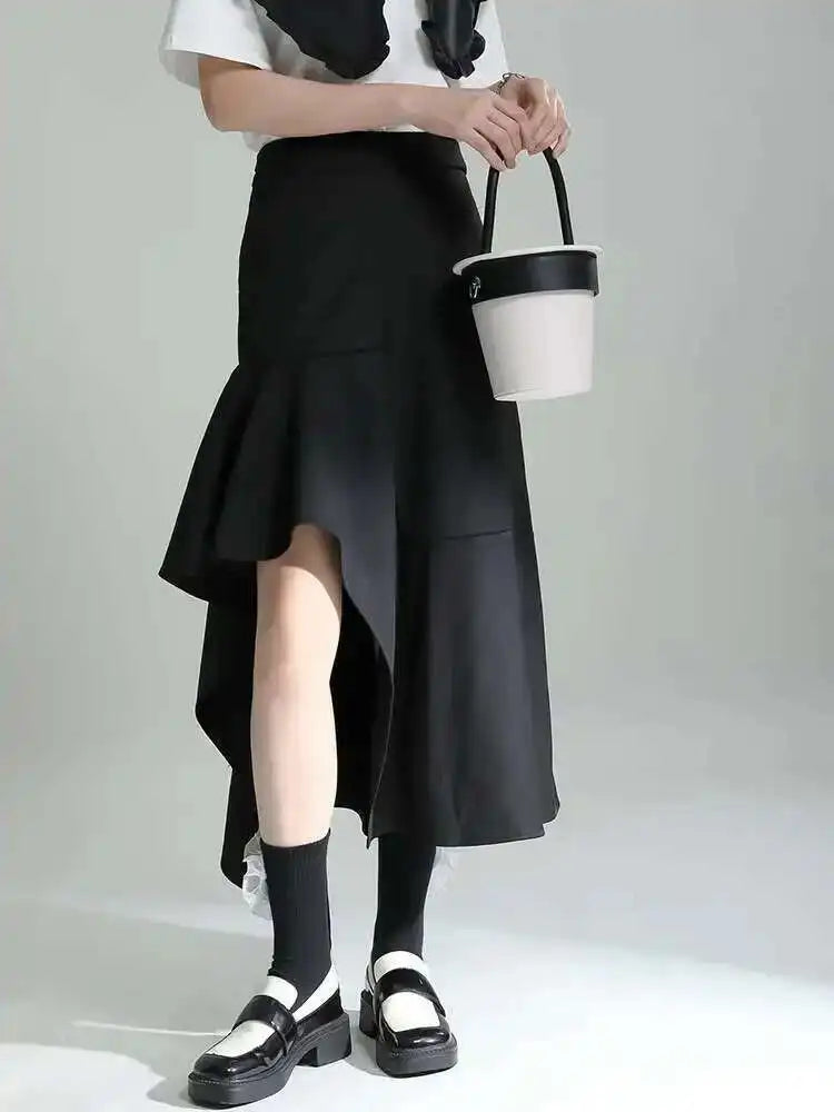 High Waist Irregular Black Ruffles Slit Elegant Party Half-body Skirt Women Fashion Tide New Spring Autumn 2025 1DE7718