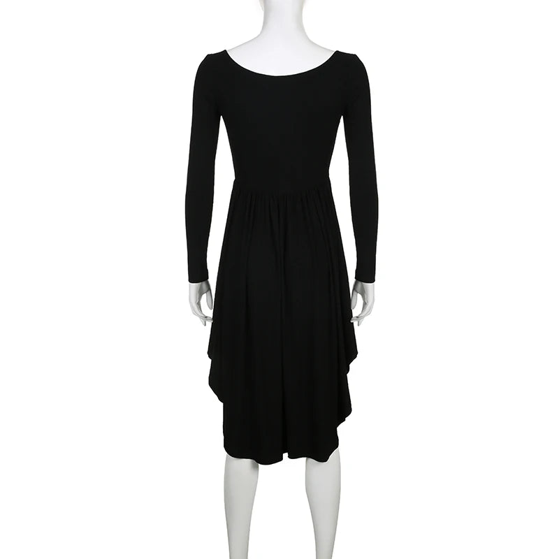 Asymmetrical Fashion Black Party Dress Female Folds Off Shoulder Solid Elegant Club Autumn Dress Midi Pleated Clothes