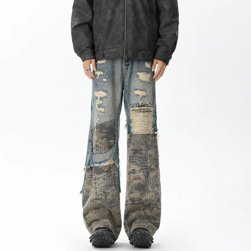 Load image into Gallery viewer, High Street Men&#39;s Denim Pants Camouflage Spliced Hole Niche Trousers Straight Wide Leg Loose Male Jeans Autumn Tide 9C9273
