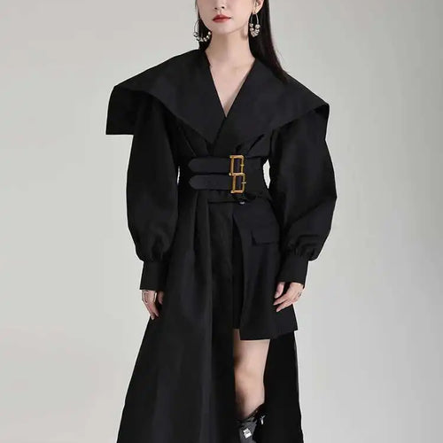 Load image into Gallery viewer, Women Black Irregular Shirt Dress New Lapel Lartern Long Sleeve Belt Waist Loose Fashion Tide Spring Autumn 2025 1DH2257
