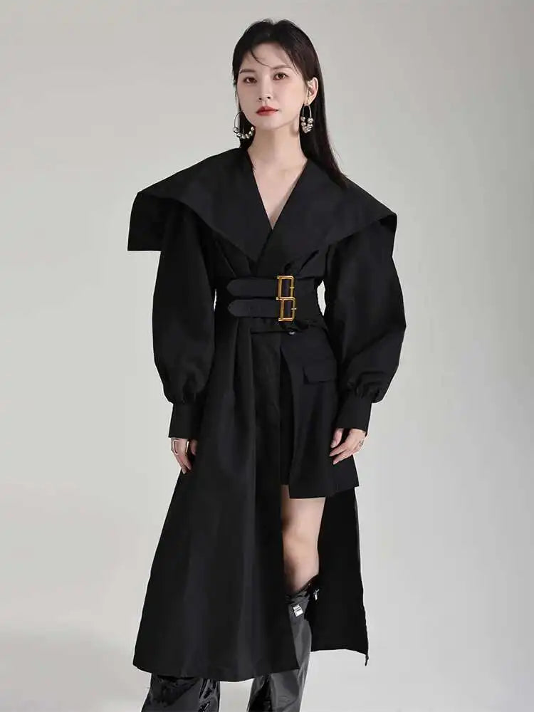Women Black Irregular Shirt Dress New Lapel Lartern Long Sleeve Belt Waist Loose Fashion Tide Spring Autumn 2025 1DH2257