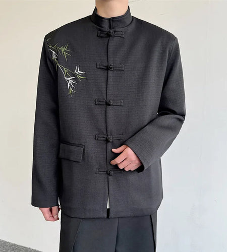 Men's Suit Coat New Chinese Style Embroidered Bamboo Pattern Stand Collar Male Blazer Spring Menwear Knot Button 9W1578