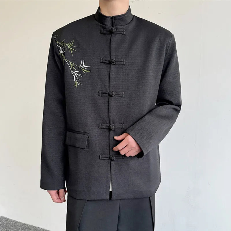 Men's Suit Coat New Chinese Style Embroidered Bamboo Pattern Stand Collar Male Blazer Spring Menwear Knot Button 9W1578