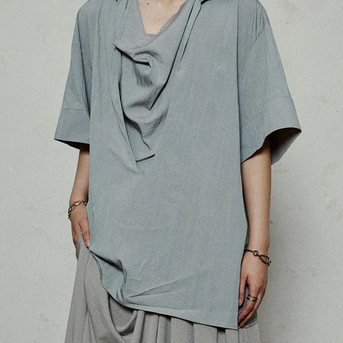 Load image into Gallery viewer, Women Beige Brief Pleated Elegant Big Size Blouse New Pile Collar Short Sleeve Shirt Fashion Spring Summer 2025 1DJ1182
