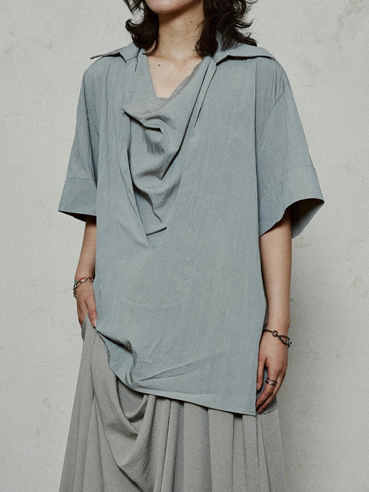 Women Beige Brief Pleated Elegant Big Size Blouse New Pile Collar Short Sleeve Shirt Fashion Spring Summer 2025 1DJ1182