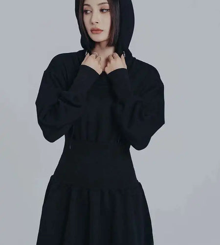 Women Black Big Size Elasitc Waist Mini Dress New Hooded Long Sleeve Loose Fit Fashion Tide Spring Autumn 2025 1DF0709