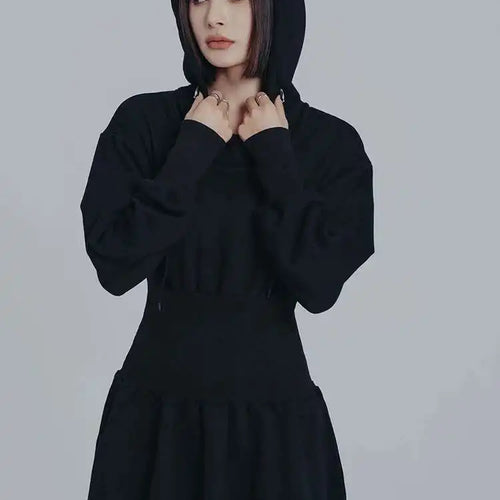 Load image into Gallery viewer, Women Black Big Size Elasitc Waist Mini Dress New Hooded Long Sleeve Loose Fit Fashion Tide Spring Autumn 2025 1DF0709
